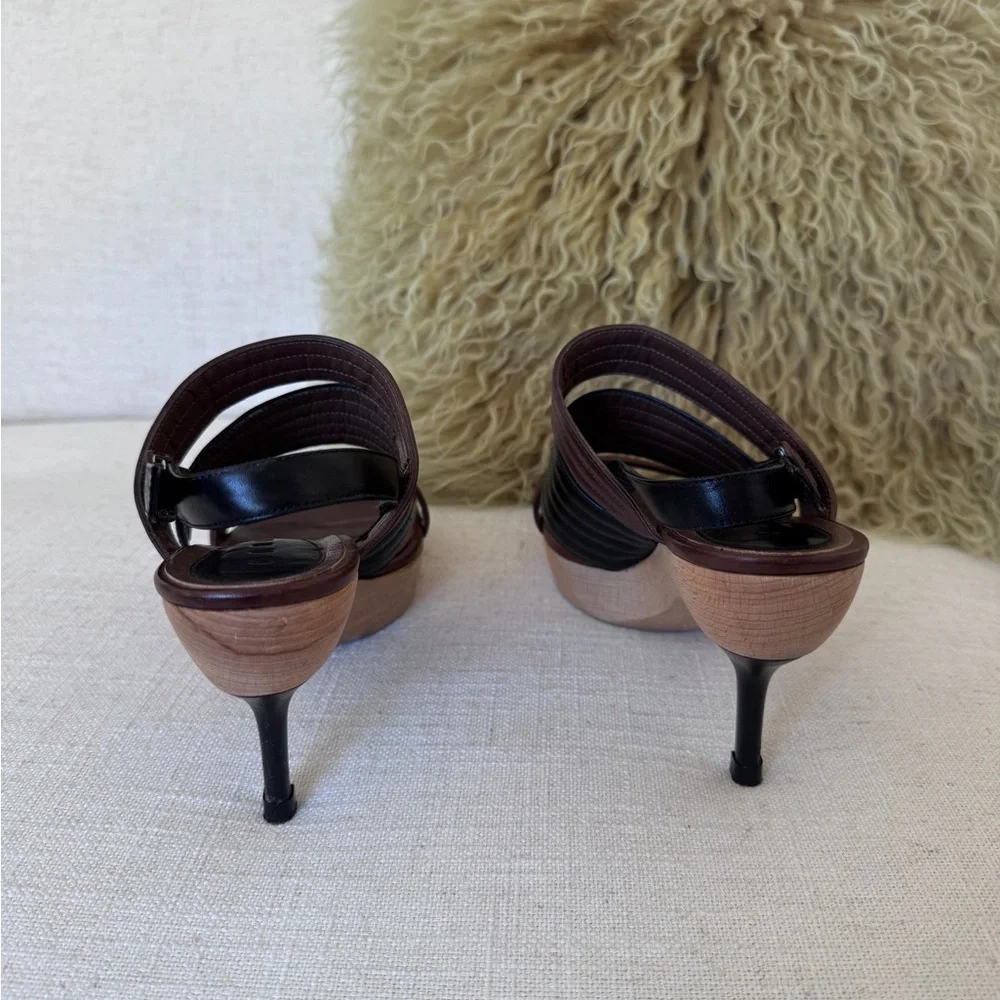 Marni Brown/Black Quilted Leather Strap Wood Platform Sandals Size‎ 38